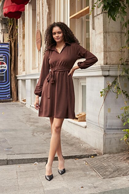 Jument Women's Suede Textured Fabric Collar Long Sleeve Lace-Up Pocket Above Knee Office-Casual Dress-Brown- Trendyol Jument Women's Suede Textured Fabric Collar Long Sleeve Lace-Up Pocket Above Knee Office-Casual Dress-Brown- Trendyol