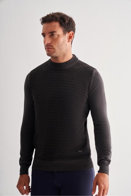 Smoked Half Turtleneck Long Sleeve Pocketless Comfort Fit Cotton Knitwear Sweater 1012255222