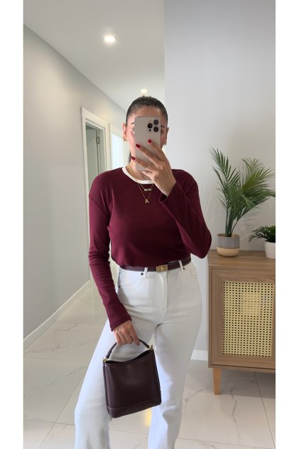 Bluză cu mânecă lungă MD Esse Burgundy Neckline cu vipușcă