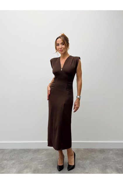 Women's Padded Drape Detailed Brown Dress