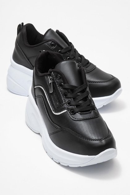 Women's Zippered Lace-Up Sports Shoes; Black White Sole