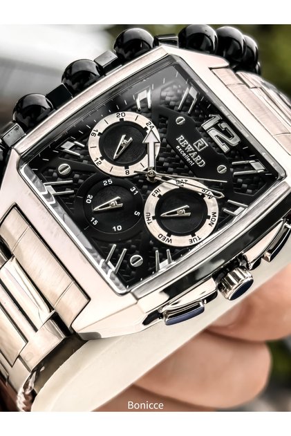 Functional Square Men's Wristwatch, Certified, Guaranteed, Black Silver Steel Band Bracelet