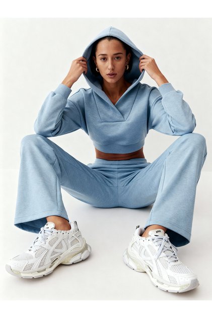 Casi̇ Women's Hooded V-Neck Pipe Leg Sweatpants Set