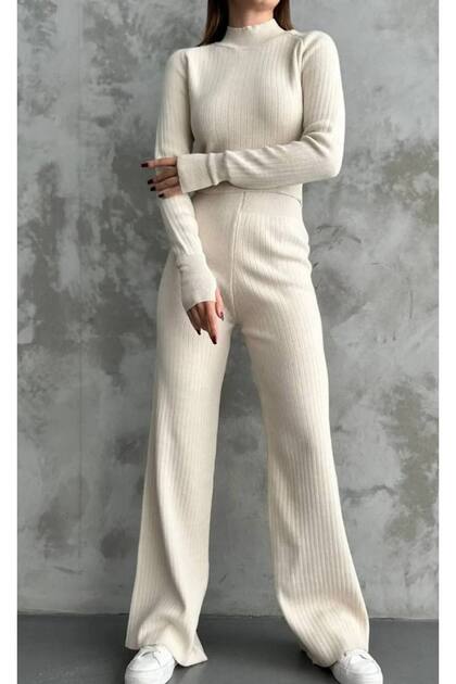 Women's Turtleneck Crop Top and Wide Leg Pants Two Piece Set Hyn-58069