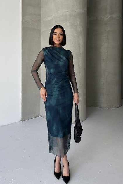 فستان سهرة نسائي بياقة حاصلة على رتبة القاضي، بأكمام شفافة من التول، مبطن، بتصميم متدلي، طول متوسط، فستان بترولي
