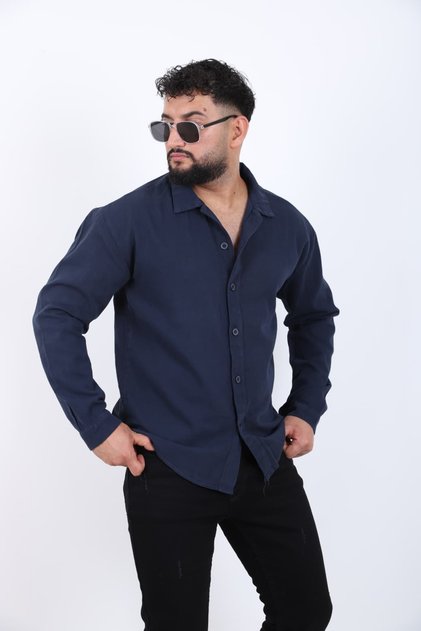 Men's Navy Blue Linen Look Oversized Shirt Long Sleeve Casual Daily Streetwear Use