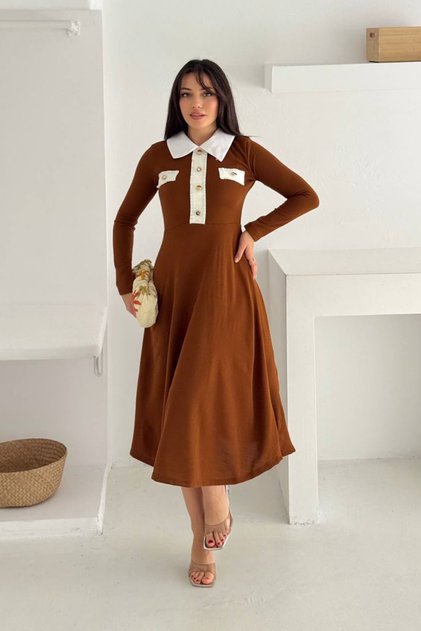 Women Shirt Collar Button Detail Long Sleeve Dress Nbk4327