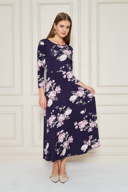 Crew Neck Long Sleeve Floral Print Dress