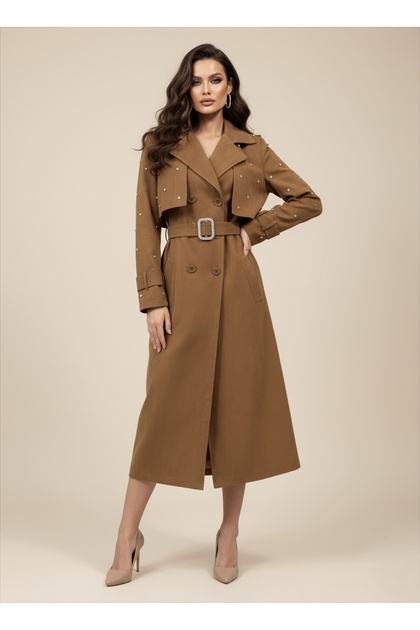 Imported Fabric Stone Embellished Rose Detail Leopard Print Lining Waist and Sleeves with Stone Belt Design Trench Coat