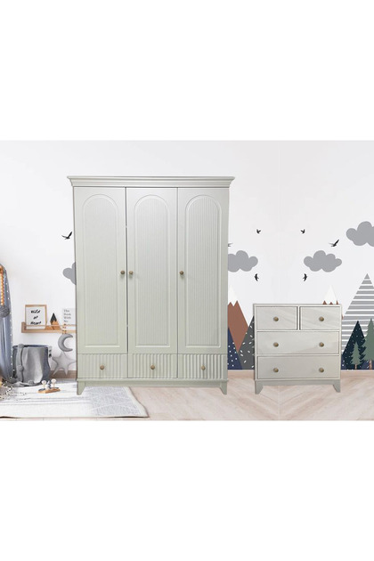 %100 MDF Bohem Çizgili 3 Kapılı Bebek&Çocuk Dolap & %100 MDF Bonnie 4 Çekmeceli Şifonyer