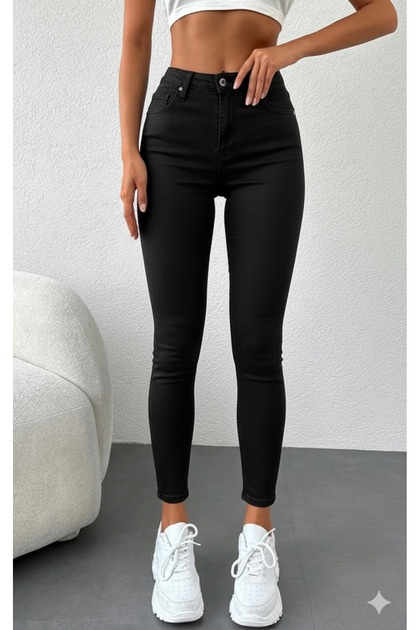 Kadın Yüksek Bel Skinny Siyah Power Likra Dar Paça Jean
