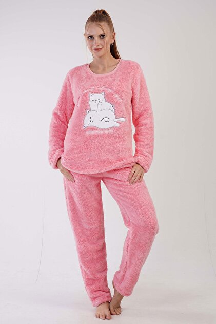 Women's Pink Color Welsoft Fabric Crew Neck Long Sleeve Pajama Set C8T5N0603