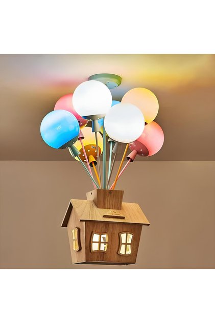 Ahşap Uçan Ev Renkli Balon Avize