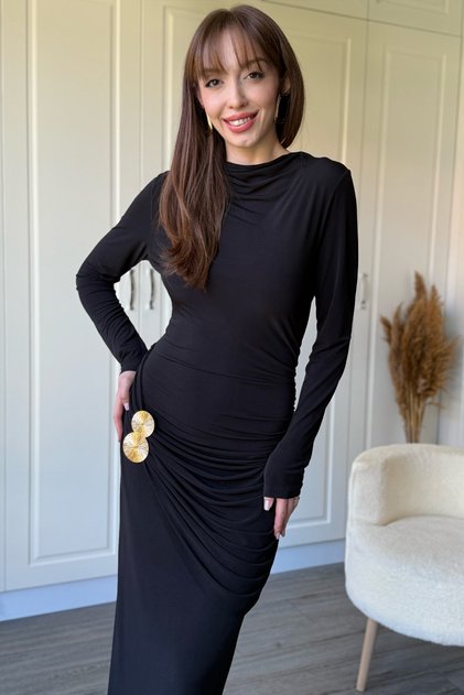 Drawstring Maxi Black Dress with Belt Accessory
