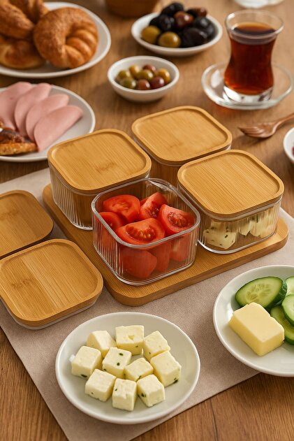 Empressco Bambu Kapaklı Cam 4'lü Kahvaltılık Seti – Şık Sunum ve