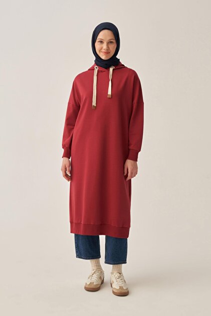 Bordo-Kuşgözlü Kapüşonlu Cepli Likralı Uzun Sweat