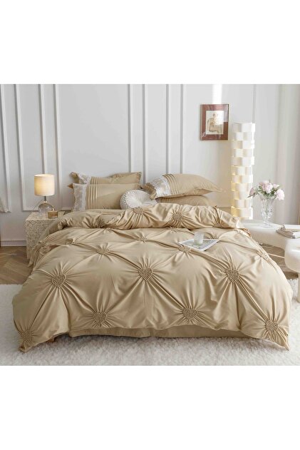 Lenjeri De Pat, 6 Piese, Inimi Brodate, Finet Premium, Bej