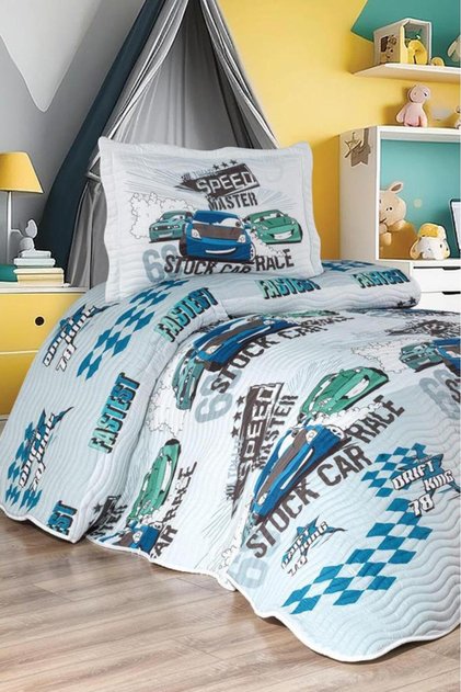Oto Show Printed Quilted Single Bedspread Blue