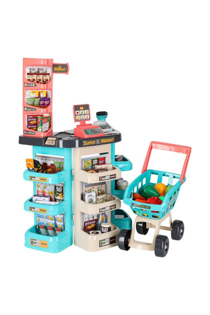 Set de joacă supermarket pentru copii, 47 piese, cu cărucior de cumpărături, casă de marcat și scanner