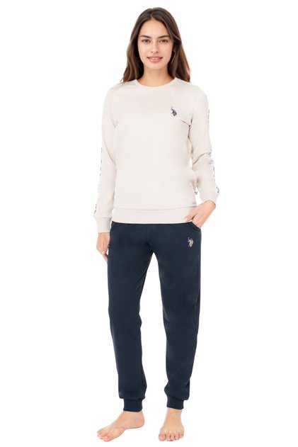 Women's Beige Color Long Sleeve Pajama Set – Navy Blue Bottom Cotton Comfortable Home & Sleep Set