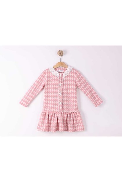 Fisto Collar Front Pat Buttoned Skirt with Drawstring Long Sleeve Lycra Cotton Jacquard Dress