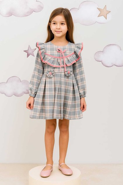 Ruffled Collar Bow Tie Checkered Girl's Dress