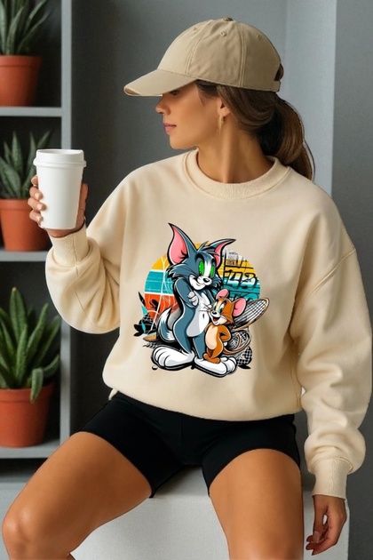 Unisex Long Sleeve Tom and Jerry Transfer Printed Crew Neck Sweatshirt
