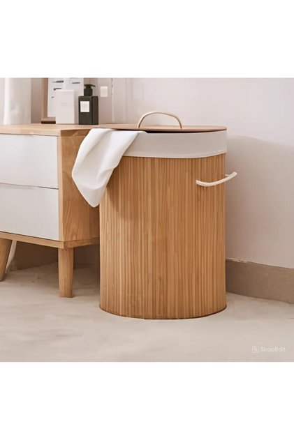 Bamboo Laundry Basket with Lid and Removable Fabric Liner Elegant Organizer Hamper for Bathroom and Bedroom with Carry Handles 55X35Cm