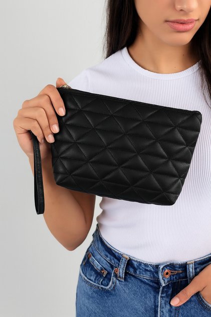 Women's Black Triangle Patterned Travel Cosmetic Beach Makeup Clutch Hand Bag Organizer Makeup Bag
