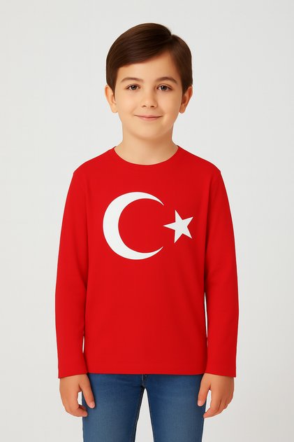 Children's T-Shirt with Atatürk and Turkish Flag Print Red White Short & Long Sleeve