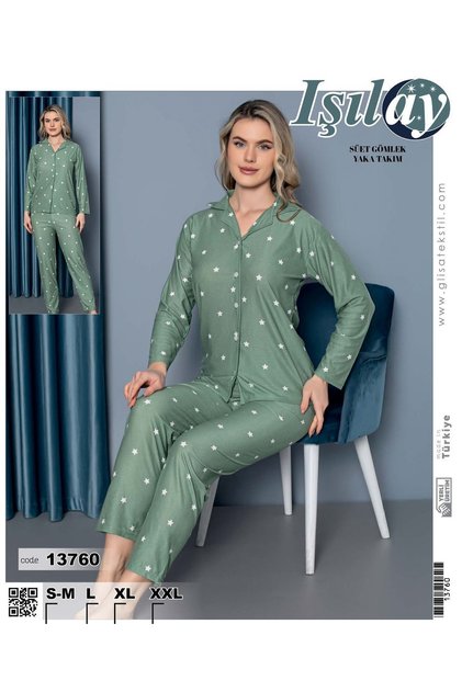 Gömlek Yaka Yeşil Pamuklu Süet Pijama Takımı
