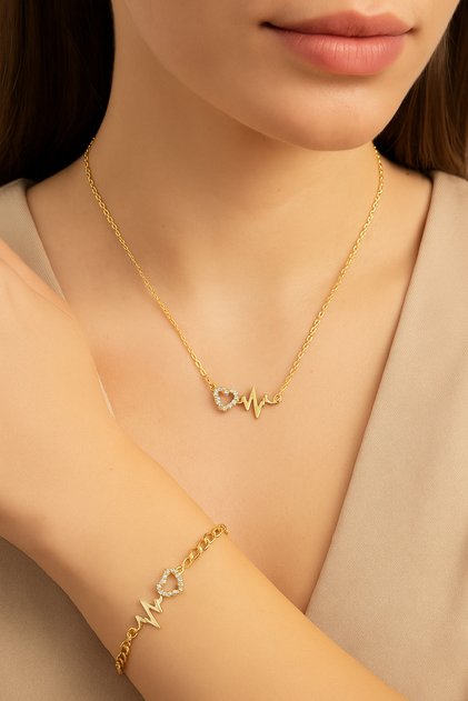 Gold Color Heart and Pulse Figure Necklace & Bracelet Set – Women's Jewelry Set