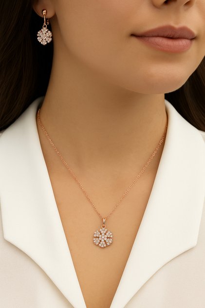 Women's Snowflake Necklace and Bracelet Set – Rose Color Chain, Gift Jewelry