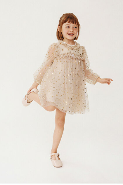 Magu Girl's Cotton Beige Gold Star Patterned Tulle Dress - Special Occasion Invitation  Dress- Trendyol