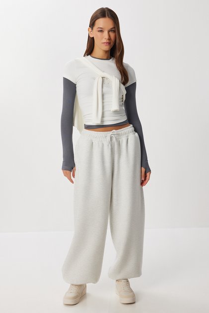 Şardonlu Örme Barrel Fit Eşofman Altı LUB0251 GRİ MELANJ