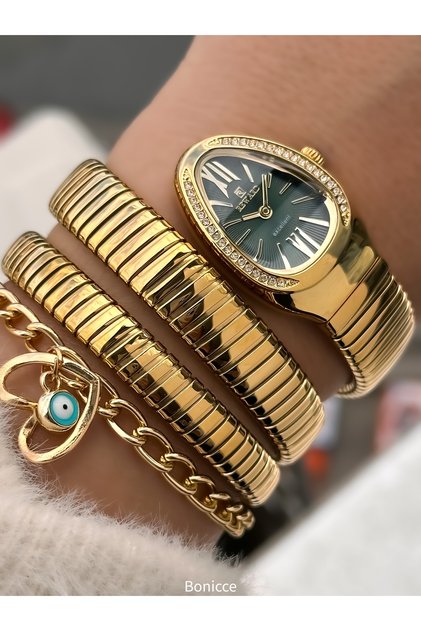 Stone Snake Watch from Thick to Thin (2 Rounds), Small Case (24 Diameter), 3 Atm Gold Steel Band, Bracelet