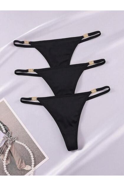 Tanga neagră pentru femei, pachet de 3 piese, cu detaliu accesoriu inel