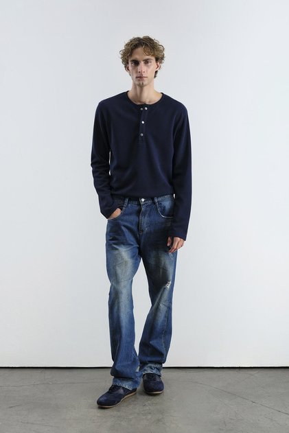 Long Sleeve Navy Blue T-Shirt with Metal Studs