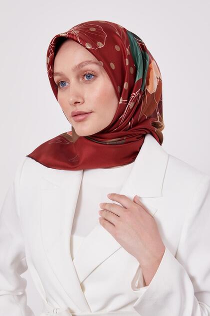 Burgundy Lotus Flower Pattern Twill Silk Scarf