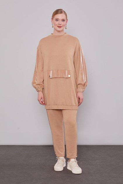 Camel Glitter Stripe Detail Double Suit
