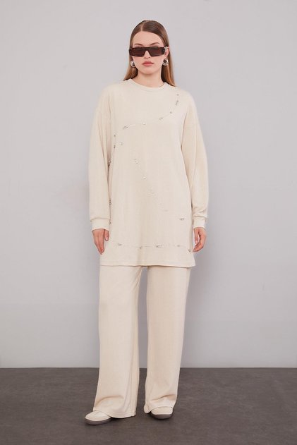 Light Beige Stripe Stone Detailed Double Suit
