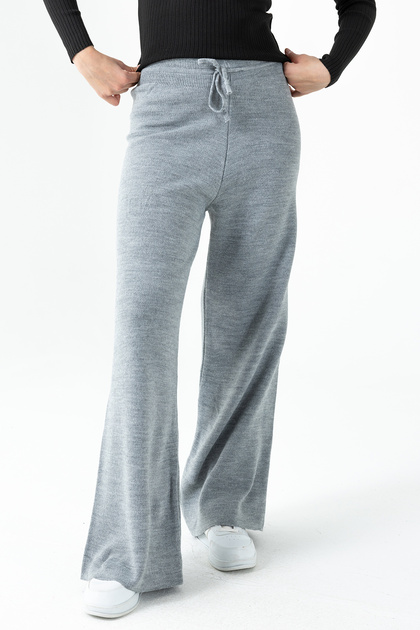 Women's High-Waisted Knit Trousers with Elastic Waist and Tie Detail - Gray - 25K 2251