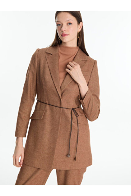 Zühre Kadın Kruvaze Yaka Deri İp Detaylı Taba Kombin Takım TK-1694