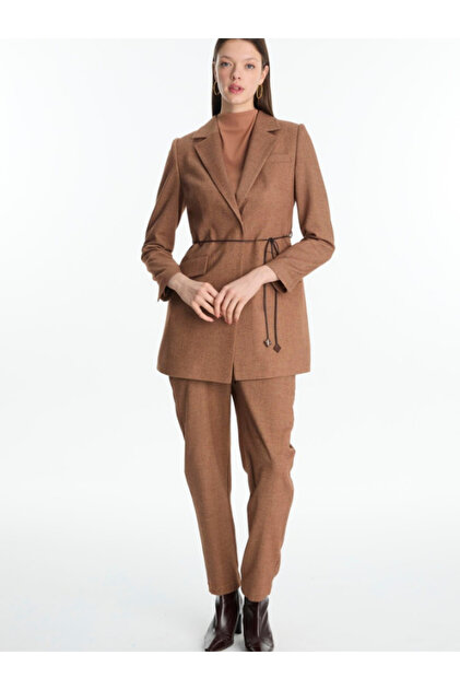 Zühre Kadın Kruvaze Yaka Deri İp Detaylı Taba Kombin Takım TK-1694