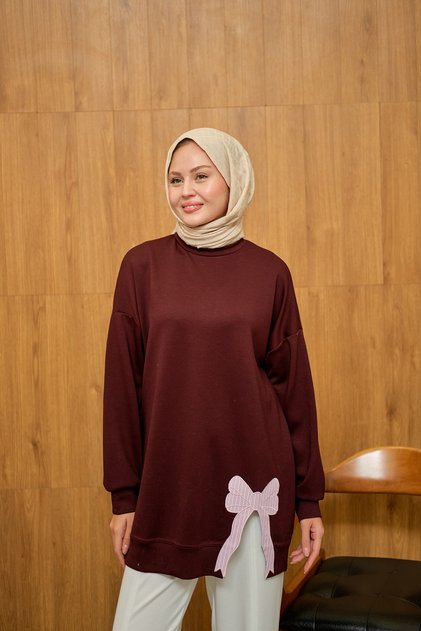 Women's Bow Embroidered Tunic Burgundy