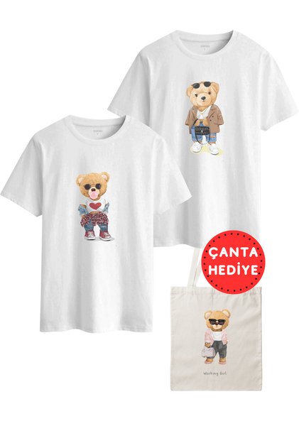 Teddy Bear Printed Oversize White Color T-Shirt Set – with Bag Gift