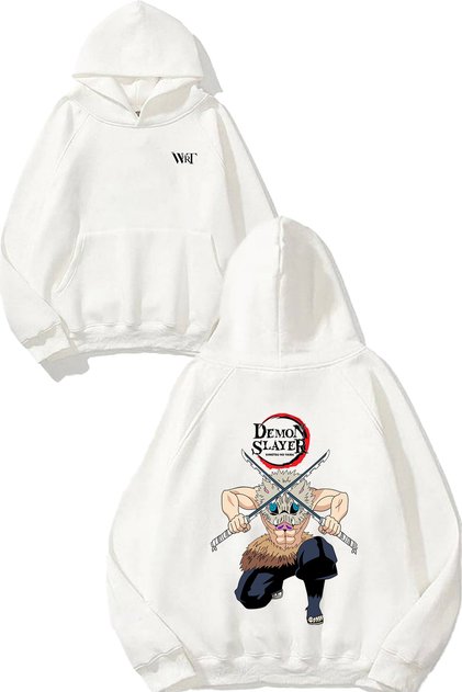 Demon Slayer Pig Design Back Printed White Hooded Sweatshirt