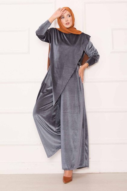 Velvet Suit with Asymmetrical Detail on the Front, Gray