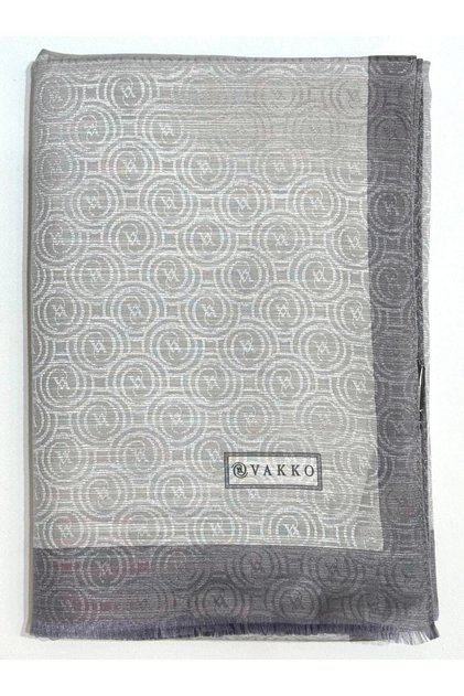 Pamuk İpek Şeritli Monogram Şal 41728-Gümüş