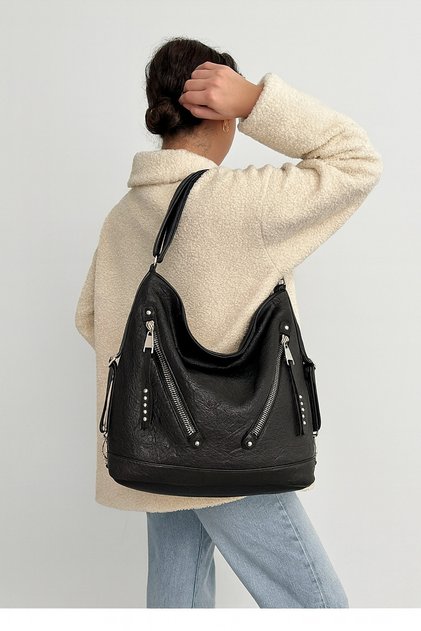 Soft Faux Leather Zipper Detail Black Women's Bag Suitable for Hand Shoulder and Back Use